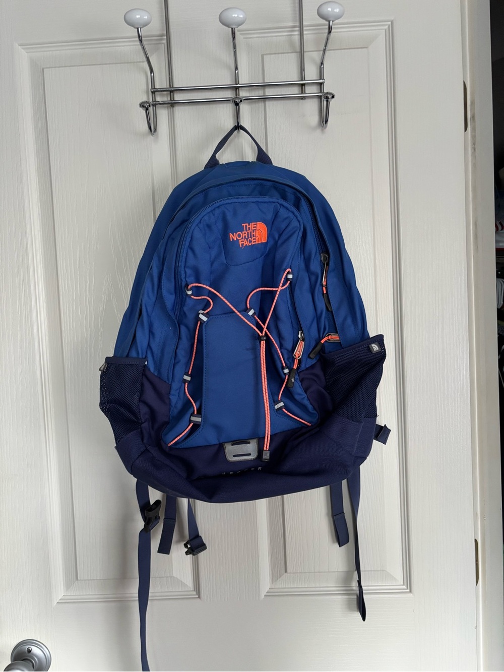 The North Face Two-Tone Blue Backpack with Coral Accents
